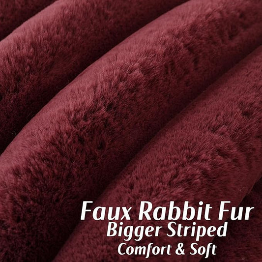FUTEI Christmas Burgundy Decorative Throw Pillow Covers 16x16 Inch Set of 2, Square Soft Faux Rabbit Fur Thick Striped Cushion Cover,Winter Home Decor for Couch Bed Living Room