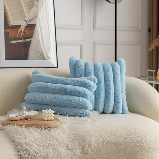 Neelvin Blue Faux Fur Cozy Soft Striped Decorative Throw Pillow Covers 18x18 inch Set of 2,Velvet Pillowcase Cushion Case for Sofa Couch