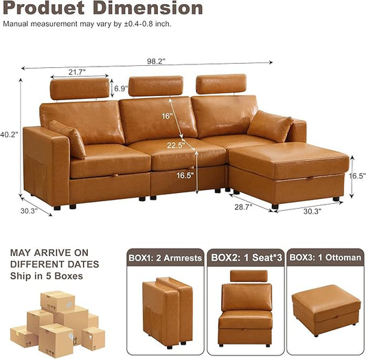 98.2" Modular Sectional Storage Couch, Oversized Faux Leather L Shaped Couch, Modern Cloud Upholstered Sofa with Headrest & Side Pocket, Sectional Sofa for Living Room Apartment Small Spaces, Brown