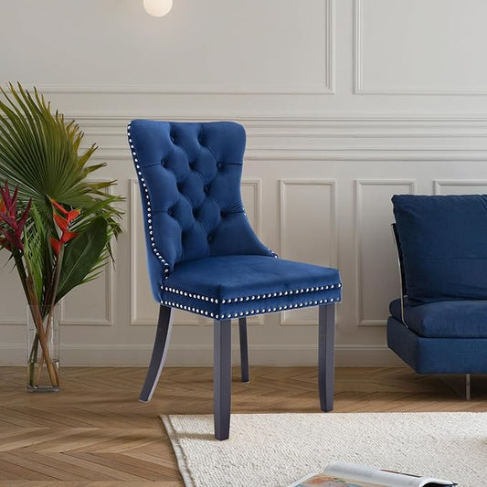 Velvet Upholstered Dining Chairs Set of 2, Modern Style Kitchen Side Chairs with Nailhead Trim and Wood Legs,Metal Pulling Ring for Dining Room Living Room(Blue,Set of 2)