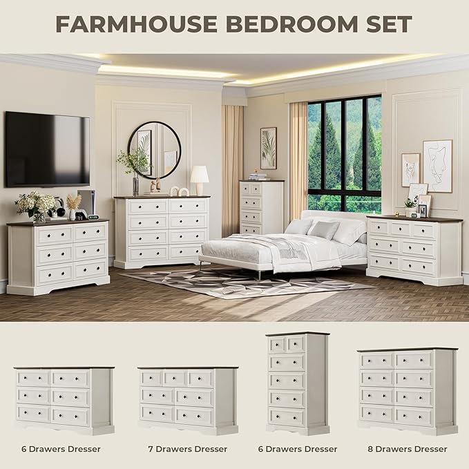 Farmhouse 7 Drawer Dresser for Bedroom, 54" Wide Wooden Dresser with Natural Texture & Vintage Metal Knobs, Large Chest of Drawers for Bedroom, Living Room, Hallway, Antique White