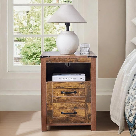 Farmhouse Coffee Table Set of 3, Lift Top Coffee Table with Sliding Barn Doors and Nightstands Set of 2 with Charging Station, Living Room Table Set for Home Office, Brown