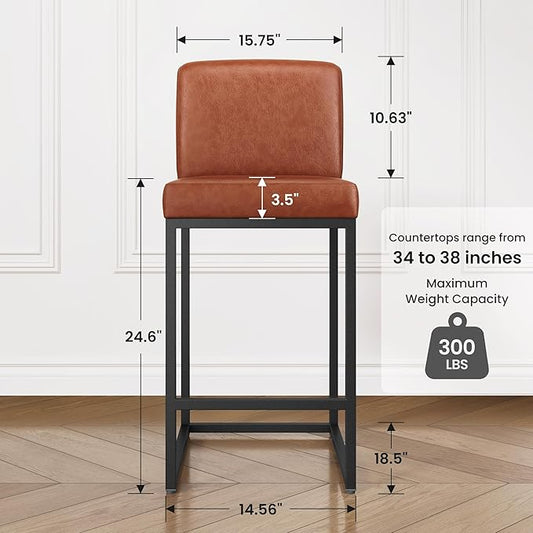 PHI VILLA Bar Stools Set of 3 - Counter Height Bar Stool Leather Stools for Kitchen Counter, Brown Bar Stools with Back