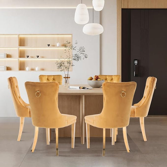 Velvet Upholstered Dining Chairs Set of 8, Modern Style Kitchen Side Chairs with Nailhead Trim and Gold Plated Leg, Metal Pulling Ring for Dining Room Living Room(Gold-Gold Plated Leg)