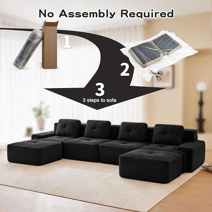 150.4” Black Boneless Couches for Living Room, Modular Sectional Sofa with U-Shape Chaise, 4 Seater Comfy Upholstered Deep Seat Corduroy Fabric Cloud Couch No Assembly, Anti-Slip Design