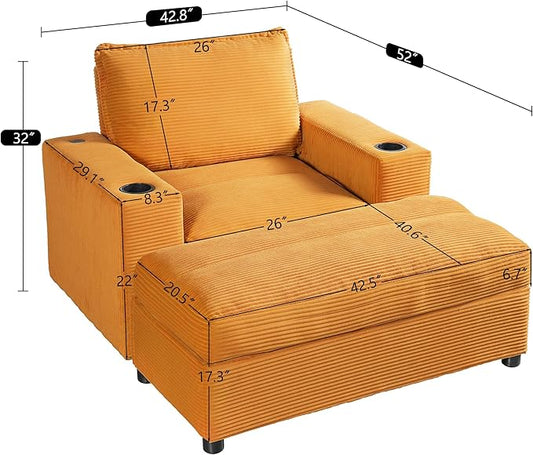 Christopher Knight Home Zoe Oversized Chaise Lounge Chair Indoor with Cup Holders & USB Charging Port, Corduroy Upholstered Sofa Bed + Ottoman with Storage, Comfy Deep Seat Sleeper Sofa Chair, Yellow