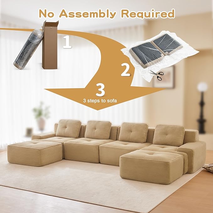 150.4” Camel Boneless Couches for Living Room, Modular Sectional Sofa with U-Shape Chaise, 4 Seater Comfy Upholstered Deep Seat Corduroy Fabric Cloud Couch No Assembly, Anti-Slip Design