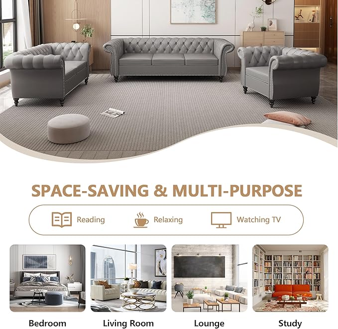 Chesterfield 3 Seater Sofa, Modern Leather Tufted Couch 3 Seater with Rolled Arms and Nailhead Mid-Century Upholstered Couch for Living Room, Bedroom, Apartment and Office, Grey
