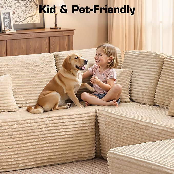 135.4'' U Shaped Sectional Couches for Living Room, Large Boneless Cloud Couch, Modern Modular Sofa Deep Seat Plush Corduroy, No Assembly Required,Plush Corduroy,Beige