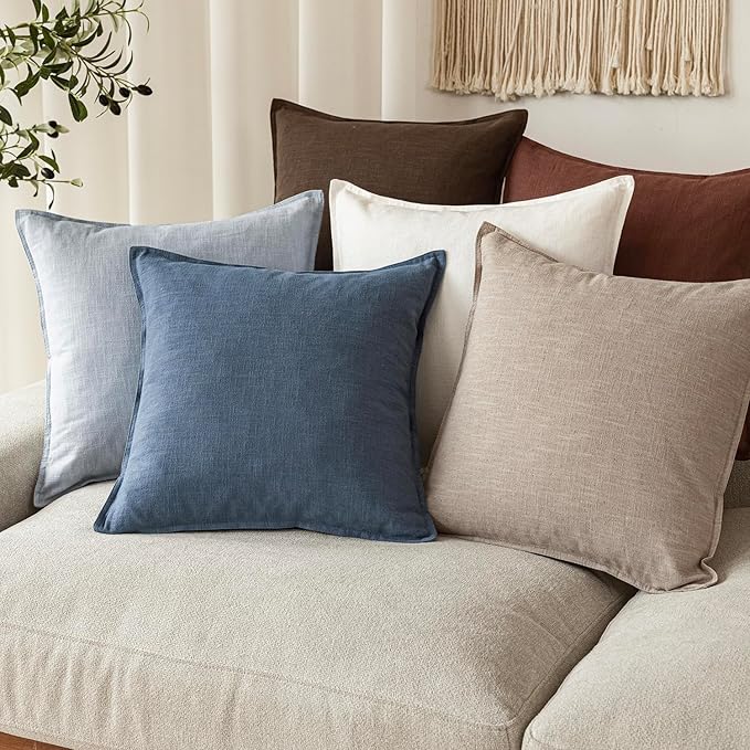 Foindtower Pack of 2, Decorative Linen Soild Throw Pillow Covers Soft Accent Euro Cushion Case Farmhouse Neutral Pillowcase for Chair Couch Sofa Bedroom Living Room Home Decor 18 x 18 Inch Dark Blue