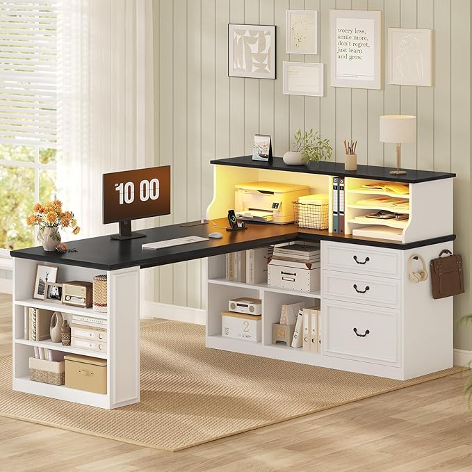 61" Executive Desk, Farmhouse Home Office Desk with Drawers, Wood L Shaped Computer Desk with 4-Tier Paper Organizer, File Holder, Power Outlets, LED Light, Storage Shelves, Hooks, White