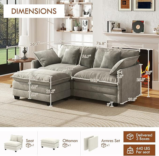 WorthFurni 77 Inch L Shape Cloud Sofa, Modular Sectional Couch with Ottoman, Comfy Chenille Deep Seat Loveseat with Pillow for Living Room Bedroom Apartment (Grey)