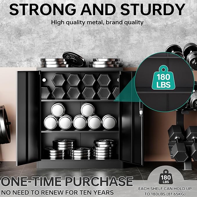 SISESOL Small Metal Storage Cabinet with Doors and Shelves,36 inch Black Locking Garage Cabinet,Lockable Short Steel Cabinets for Home,Office,Shop,Garage