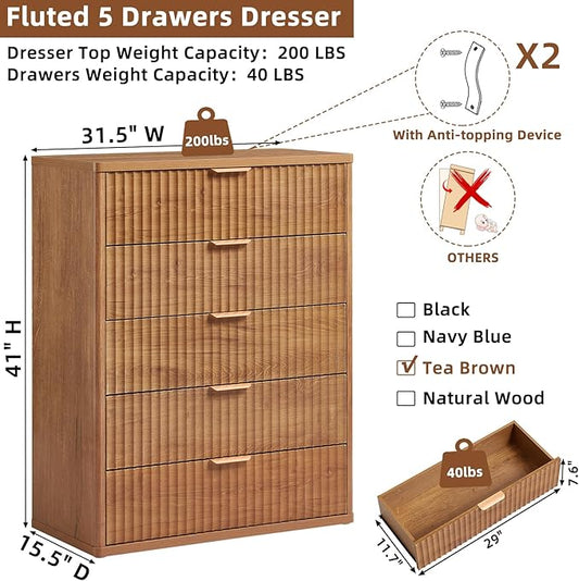 LEYAOYAO Fluted 5 Drawers Dresser for Bedroom, 41" Tall Modern Chest of Drawers with Metal Handle, Curved Profile Farmhouse Closet Organizer Wood Dressers TV Stand for Living Room, Hallway, Navy Blue