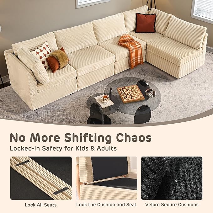 98" Modular Sofa with Swivel Chairs, Modern L Shape Cloud Sectional Couch Plush Corduroy 5 Seater Deep Seat Sofas Set & Accent Armchair Set of 2 for Living Room, Beige