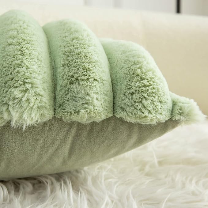 Neelvin Green Faux Fur Cozy Soft Striped Decorative Throw Pillow Covers 12x20 inch Set of 2,Velvet Pillowcase Cushion Case for Sofa Couch