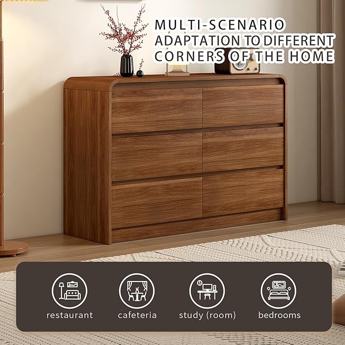 6 Drawer Dresser For Bedroom 47 Inch Wood Chest of Drawers - Curved Anti Collision, Mid Century Dresser For Closet with Natural Texture & Pre-Embedded Slots for TV Stand, Living Room, Nursery