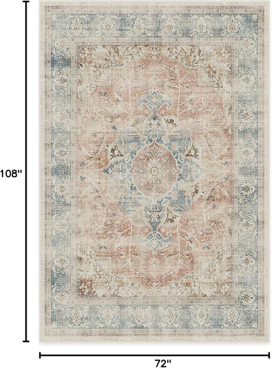 RUGGABLE Washable Vintage Area Rug – Sarrah Coral 6x9, Stain-Resistant, Non-Slip – Medium Machine Washable Rugs for Living Room, Bedroom, Hallway, Entryway & Office–with Standard Pad