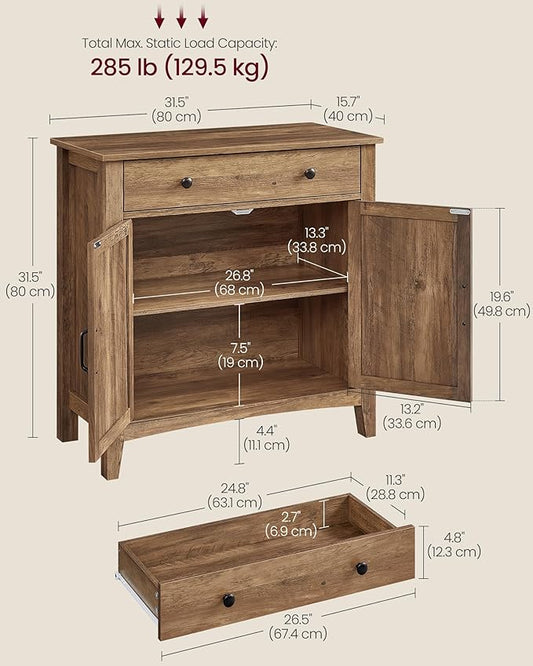 VASAGLE LIRY Collection - Buffet Cabinet, Coffee Bar Cabinet with a Drawer, Adjustable Shelf, Sideboard Storage with Cable Hole, Drawer Divider, Honey Brown UBBK341K01