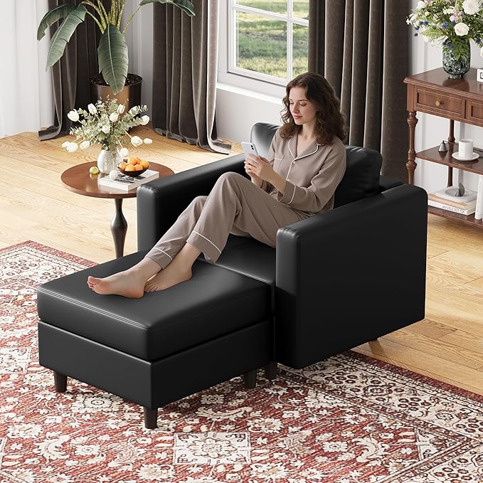 ABCASA Faux Leather Accent Chair with Ottoman,Upholstered Armchair with Storage,Extra-Deep-Seated Modular Single Sofa,Reading Chair with Footrest for Living Room Lounge Chair Black