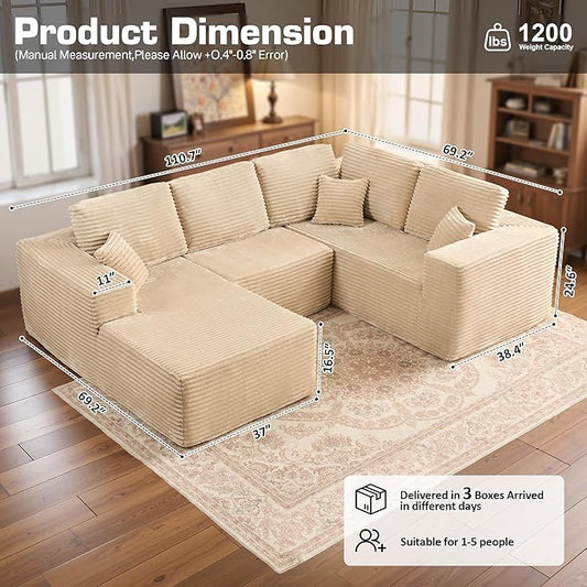 Weaxty Cloud Sectional Couch for Living Room, Oversized U Shaped Boneless Couches with Chaise, Plush Corduroy Memory Foam Deep Seat Floor Sofa, No Assembly Required,Beige