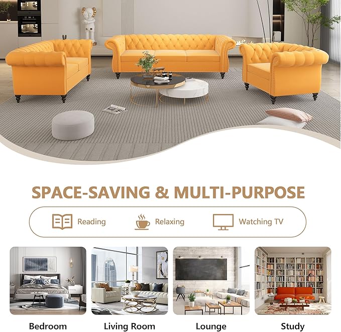 2 Piece Living Room Furniture Set, Velvet Loveseat and Chair Set, Mid Century Modern Upholstered Sofa Couch with Cushions, Comfy Tufted Chesterfield Couches for Living Room, Bedroom, Office