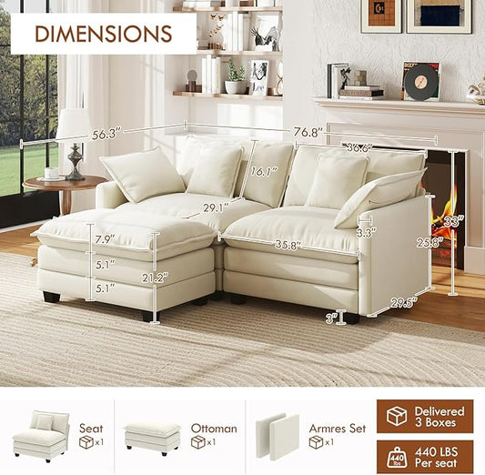 WorthFurni 77 Inch L Shape Cloud Sofa Modular Sectional Couch with Ottoman, Comfy Chenille Deep Seat Loveseat with Pillow for Living Room Bedroom Apartment (Beige)