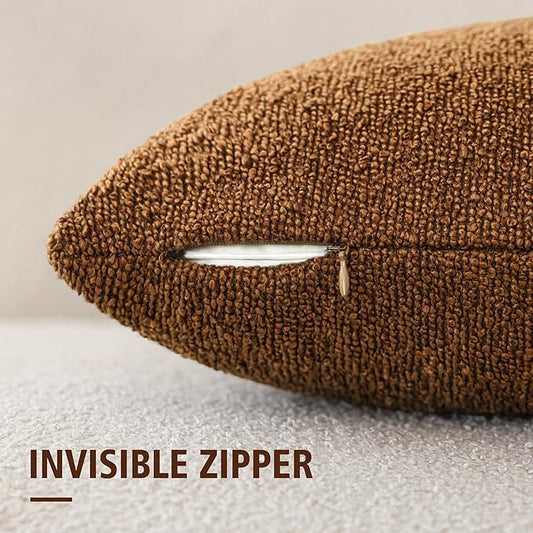 Foindtower Pack of 2, Decorative Textured Boucle Throw Pillow Covers Neutral Accent Solid Pillow Cases Cozy Soft Couch Cushion Case for Chair Sofa Bedroom Living Room Home Decor 22x22 Inch Hazel Brown