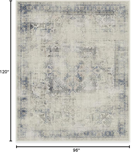 RUGGABLE Washable Vintage Area Rug – Kamran Blue Quartz 8x10, Stain-Resistant, Non-Slip – Large Machine Washable Rugs for Living Room, Bedroom, Hallway, Entryway & Office–with Cushioned Pad