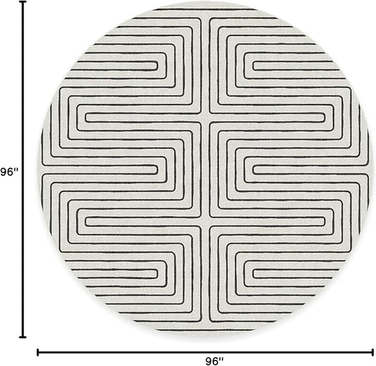 RUGGABLE x Jonathan Adler Machine Washable Area Rug – Labyrinth Black/Ivory 8 ft Round, Stain-Resistant, Non-Slip – Large Rugs for Living Room, Bedroom, Hallway, Entryway & Office–with Cushioned Pad