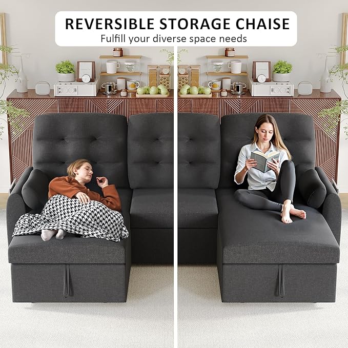 Ucloveria Sleeper Sofa Bed, 86" Convertible Sectional Sofa Couches for Living Room, Pull Out Couch Bed with Reversible Storage Chaise | USB Ports | Side Pockets | Removable Backrest