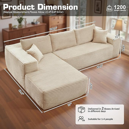 106" Cloud Sectional Couch with Chaise Lounge,L Shaped Modular Modern Sofa,Comfy Corduroy Fluffy Couches with Deep Seat,No Assembly Required Couch for Living Room(Left,Plush Corduroy,Beige)