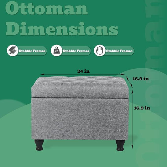 Ottoman with Storage 24'' Storage Ottomans Linen Fabric Ottoman Footstools Small Upholstered Foot Rest Stool for Couch, Living Room, Bedroom, Entrance Shoe Bench Light Grey