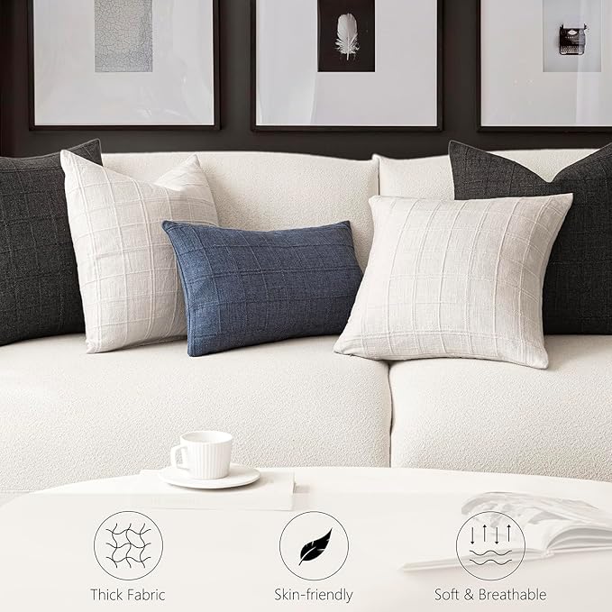 Foindtower Set of 2 Decorative Linen Check Throw Pillow Covers Neutral Farmhouse Vintage Cushion Covers Modern Boho Home Decor for Sofa Chair Couch Bedroom Living Room,20×20 Inch,Cream White