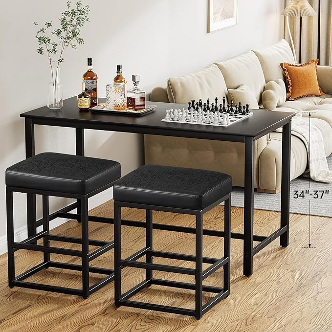 Counter Height Bar Stools Set of 2, 24" Barstools for Kitchen Countertop, Faux Leather Counter Stools with Thick Square Seats & Sturdy Metal Base, Simple Assembly, Black