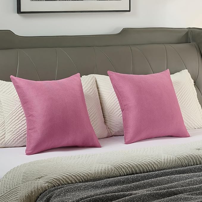 FUTEI Hot Pink Chenille Throw Pillow Covers 24x24 Inch Set of 2,Soft Wide Chevron Textured European Pillow Shams,Farmhouse Home Decor for Couch Bed Living Room