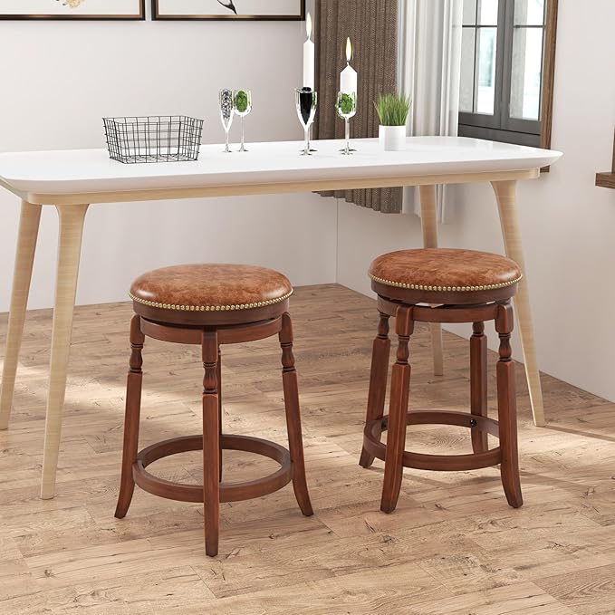 COSTWAY Round Swivel Wooden Bar Stools Set of 2, 24-inch Upholstered Backless PU Leather Farmhouse Counter Chairs with Footrest, Decorative Rivets for Kitchen Island, Dining Room, Walnut