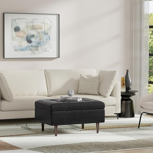 SIMPLIHOME Shay 34 inch Wide Mid Century Modern Small Rectangle Coffee Table Storage Ottoman in Distressed Black Vegan Faux Leather, Assembled, for The Living Room, Entryway and Family Room