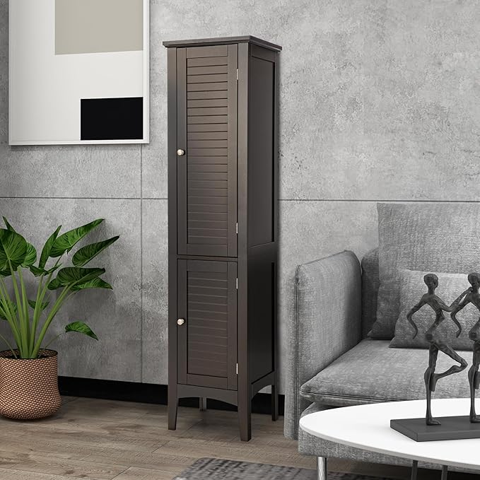 COSTWAY Tall Bathroom Storage Cabinet, 5-Tier Freestanding Linen Tower Cabinet with 2 Doors, Wooden Side Storage Organizer, Narrow Slim Floor Cabinet for Bathroom, Living Room, Kitchen (Brown)
