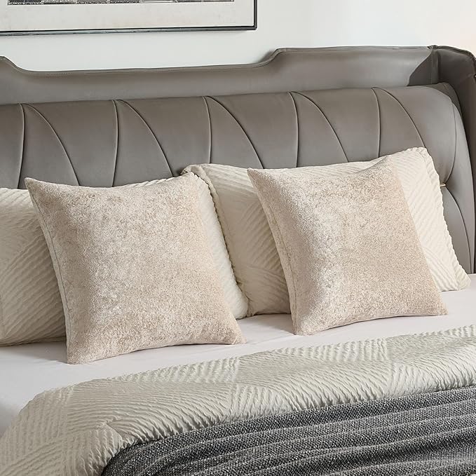 FUTEI Beige Flannel Throw Pillow Covers 26x26 Inch Set of 2,Soft Dimensional Textured Euro Pillow Shams,Modern Home Decor for Couch Living Room