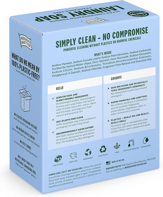 Ingredients Matter Powder Laundry Soap - Lotus Leaf + Sea Salt Scent, Hypoallergenic Detergent, Natural & Eco-Friendly, Plastic Free, Natural Essential Oils & Dermatologist Tested - 30 oz, 60 Loads