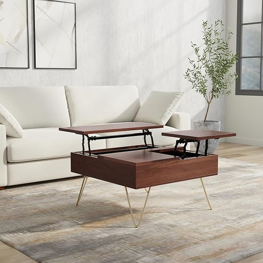 SIMPLIHOME Hunter Lift Top Coffee Table - 32 inch Wide Solid Mango Wood Industrial Square Cocktail Table in Umber Brown, Living Room Table with Dual Lift Tops, Hidden Storage and Gold Hairpin Legs