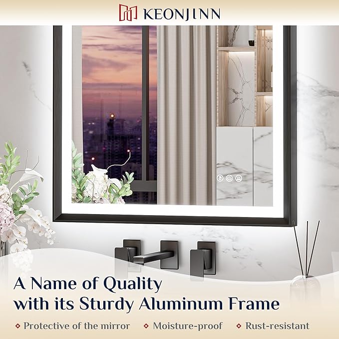 Keonjinn Black LED Mirror for Bathroom 40 x 32 Inch with Frontlit & Backlit, Metal Frame Mirror with Stepless 3-Color Lights, Antifog Dimmable, UL-Listed Driver,Tempered Glass(Horizontal/Vertical)