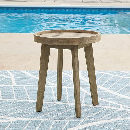 Signature Design by Ashley Bradstreet Bay Casual Weather Resistant Eucalyptus Wood Outdoor End Table with Slatted Top, Light Brown