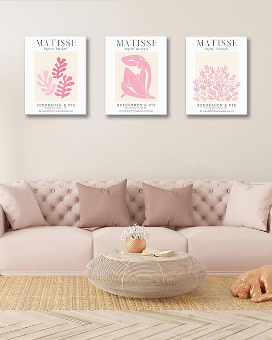 HesenDot Framed Matisse Pink Wall Art Set of 3,Minimalist Wall Decor,12x16IN Canvas Prints,Boho Cute Art Poster Home Decoration for Bathroom Bedroom