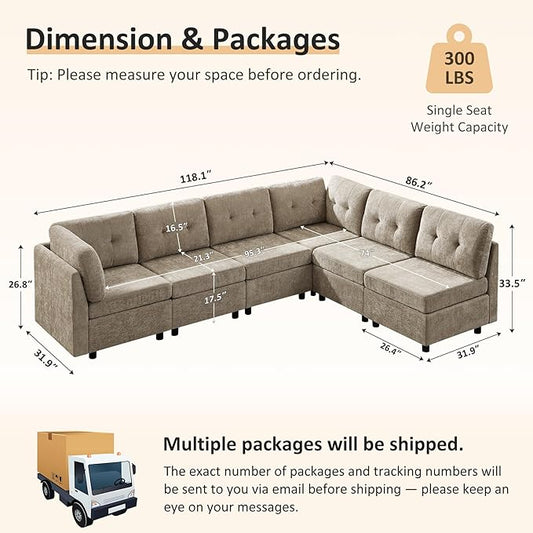 VANOMi 6 Seat Modular Cloud Sofa, 118" Convertible Sectional Cloud Sofas & Couches for Living Room, Comfy Chenille Sectional Couch Sofa for Living Room, Apartment, Office, Camel, L/U Shaped