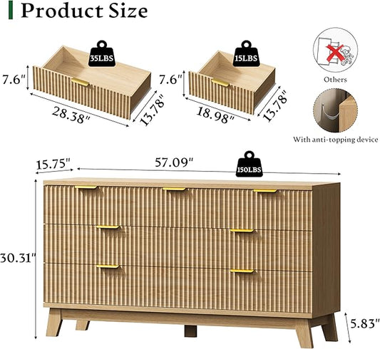 Fluted Dresser with 7 Drawers, 58" Wide Modern Chest of Drawers with Metal Handle, Wooden Dresser TV Stand, Wood Closet Clothes Storage Organizer for Bedroom, Living Room, Hallway, Natural Oak