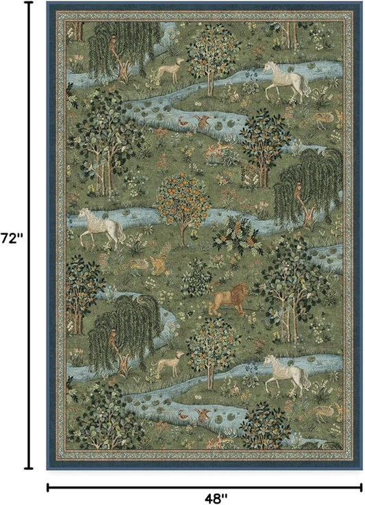 RUGGABLE x Morris & Co Washable Area Rug – Owl & Willow Green 4x6, Stain-Resistant, Non-Slip – Medium Machine Washable Rugs for Living Room, Bedroom, Hallway, Entryway & Office–with Standard Pad