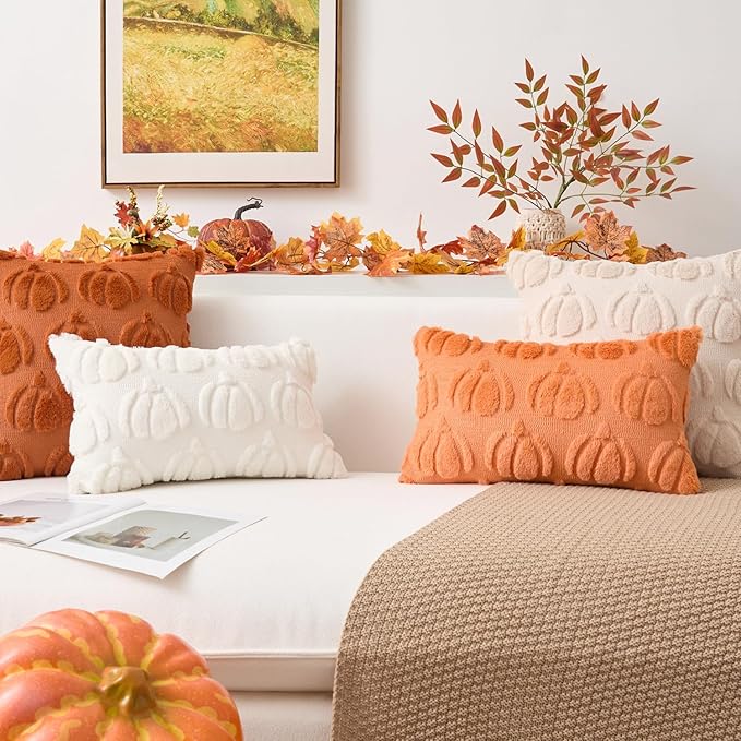 Kevin Textile Fall Pillow Covers 16x16 Inch Set of 2 Soft Pumpkins Decorative Square Pillowcases Plush Autumn Faux Fur Cushions Harvest Gift for Couch Sofa Chair Bedroom Home Decor, Orange