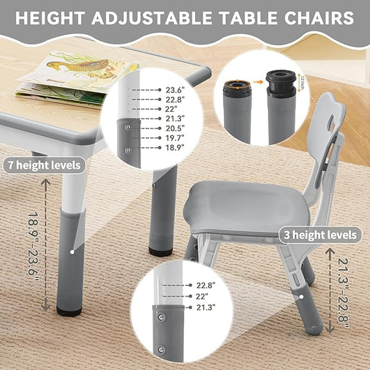 Kids Study Table and Chairs Set, Height Adjustable Toddler Table and Chair Set for Kids Ages 3-8, 23.6" L x 23.6" W Graffiti Desktop Plastic Children Art Table with 2 Seats, W-Grey